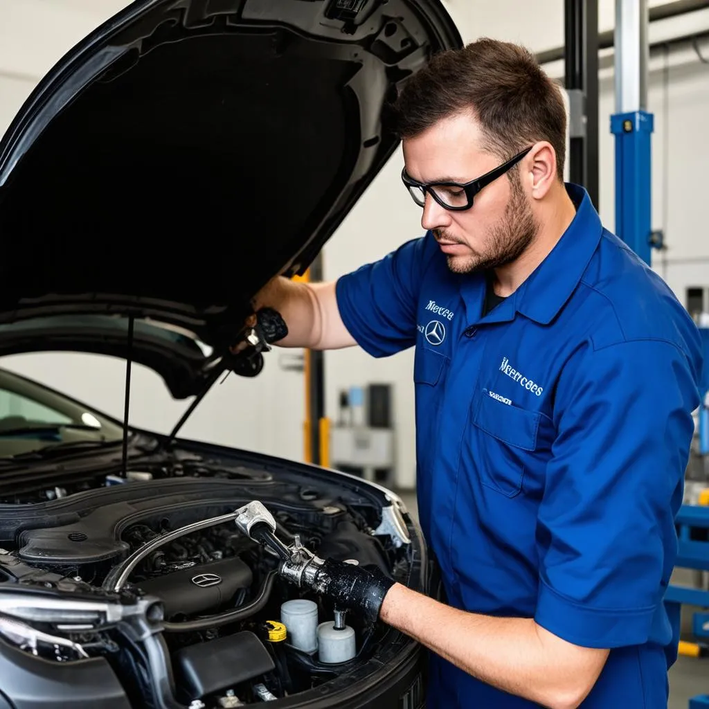 Mercedes mechanic diligently working on a car engine in a professional workshop