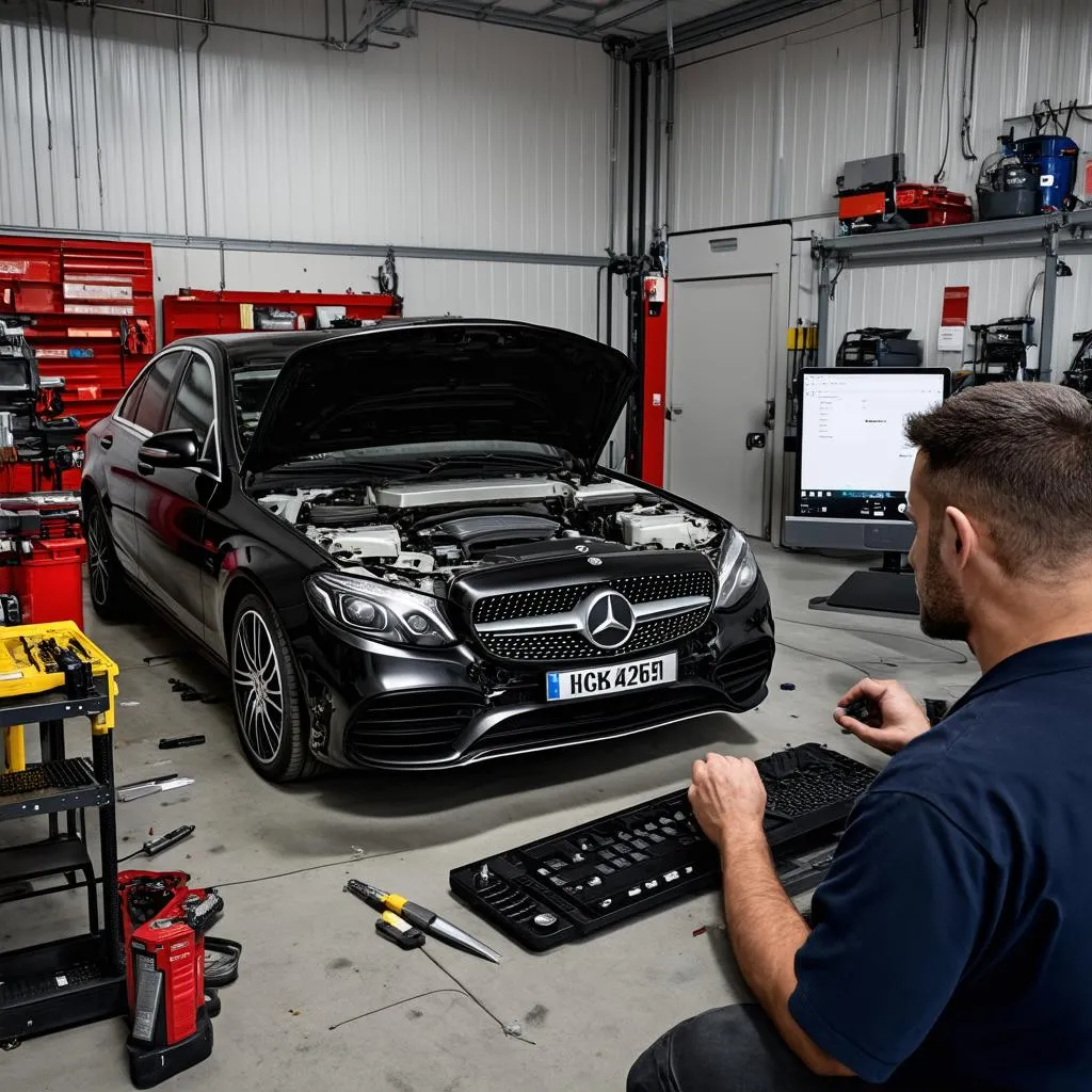 Mercedes Mechanic Working on Car