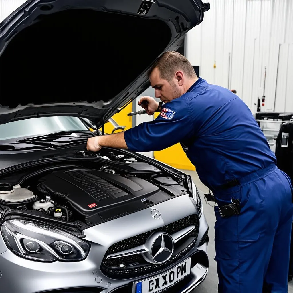 Mercedes Mechanic Working on Engine