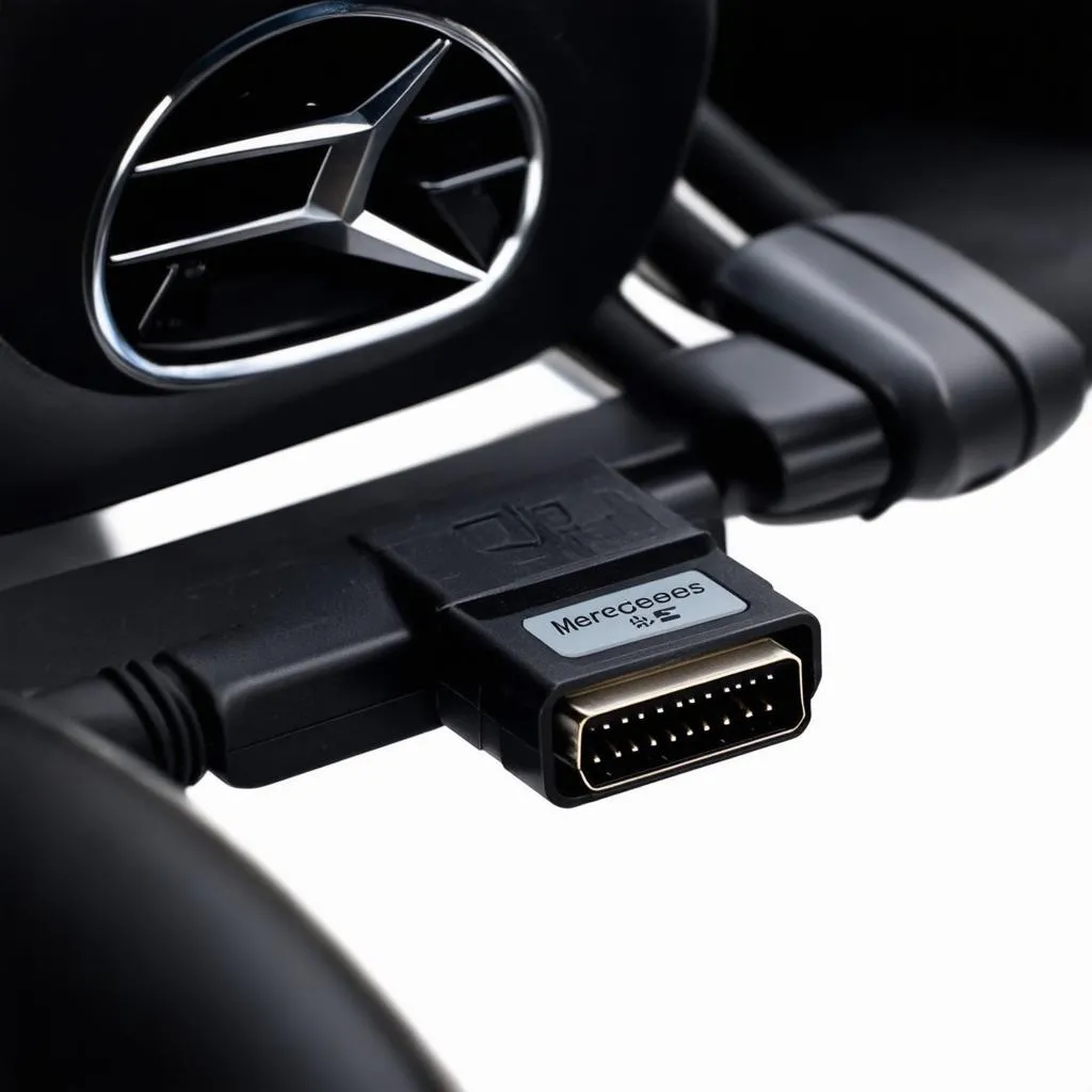 Mercedes OBD activation tool plugged into OBD port