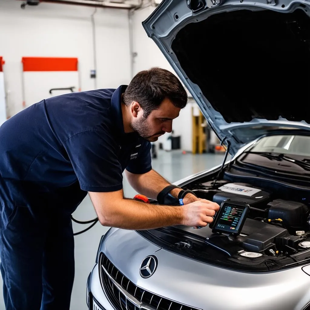 Mechanic using a Mercedes Star Diagnostic tool on a car