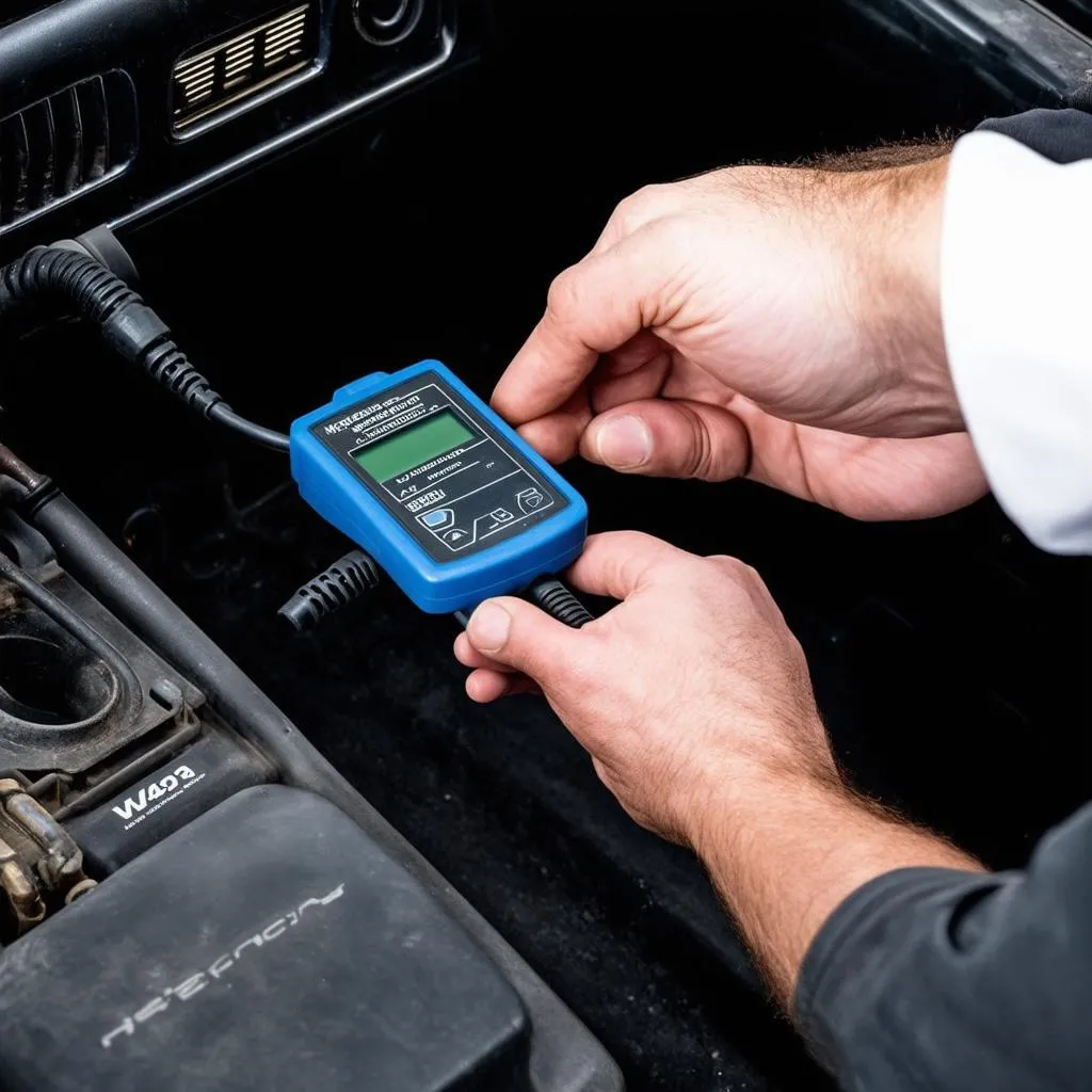 Mechanic using a diagnostic tool on a Mercedes W124