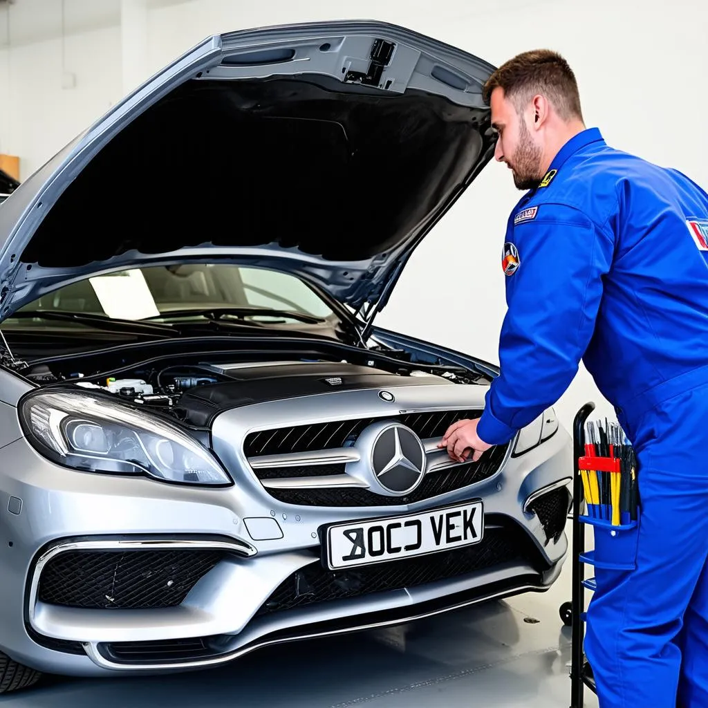 Mechanic Working on a Mercedes Engine