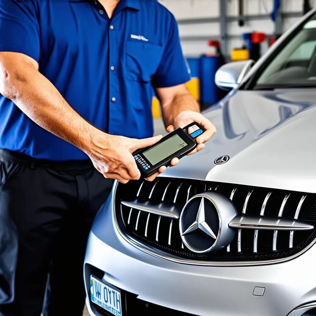 Mechanic using a mobile Mercedes Star diagnostic tool