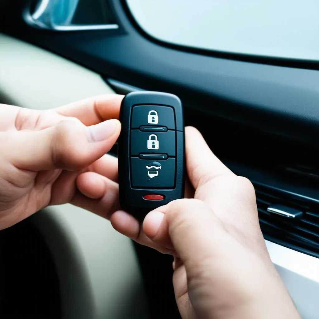 Person using car remote to open window