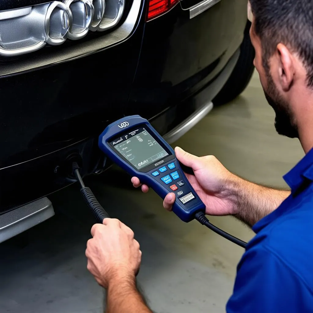 Mechanic Using a VAG Audi A6 Diagnostic Tool on an Audi A6 in a Garage