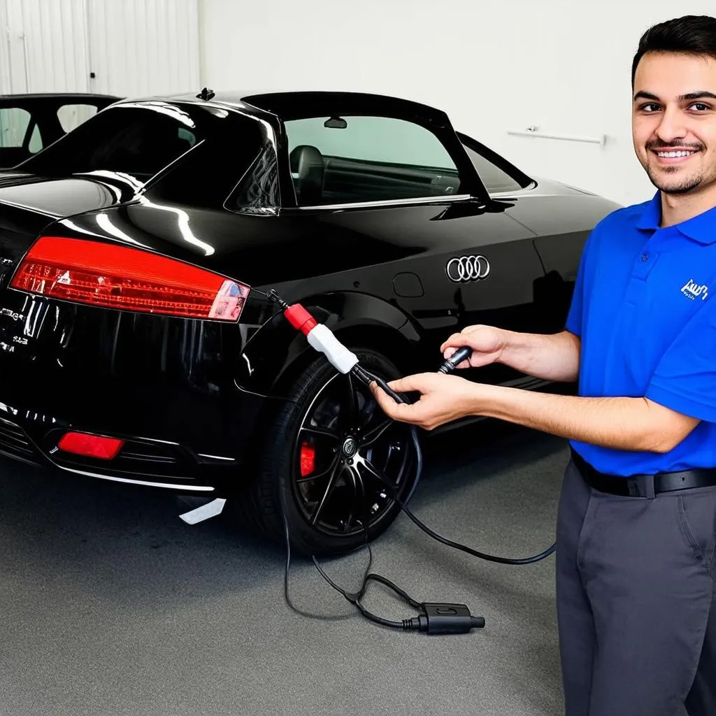 A man holding a vag com cable connected to an audi tt mk2