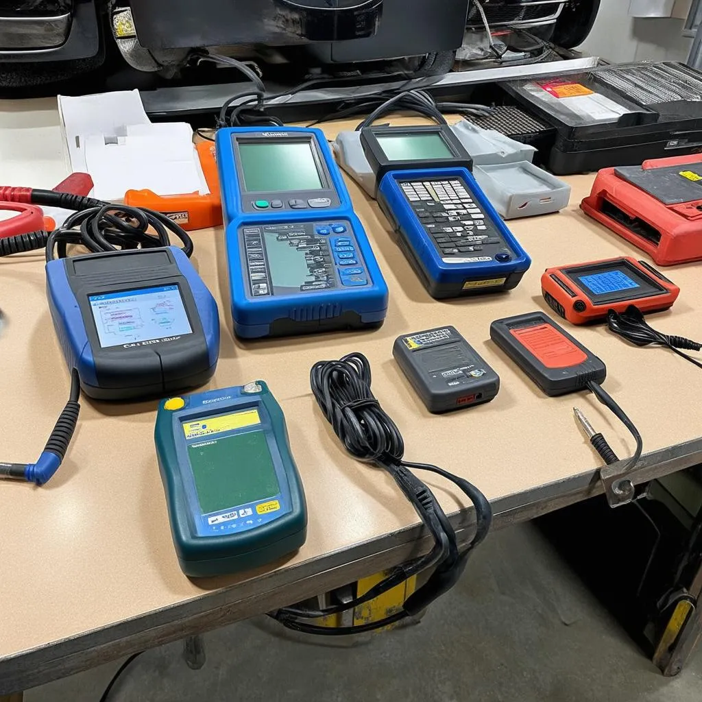 A collection of professional car diagnostic tools arranged on a workbench