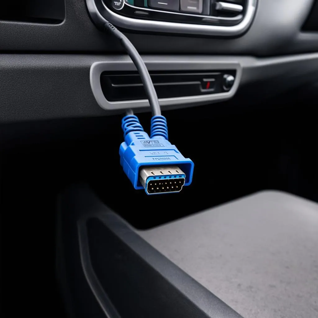 VCDS cable connected to car's OBD port