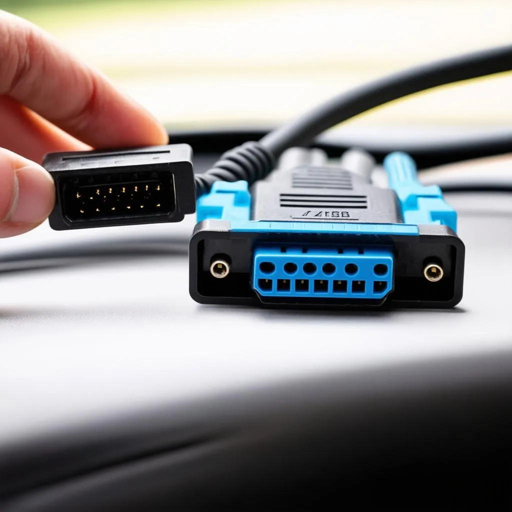 VCDS Cable Connected to Car OBD Port