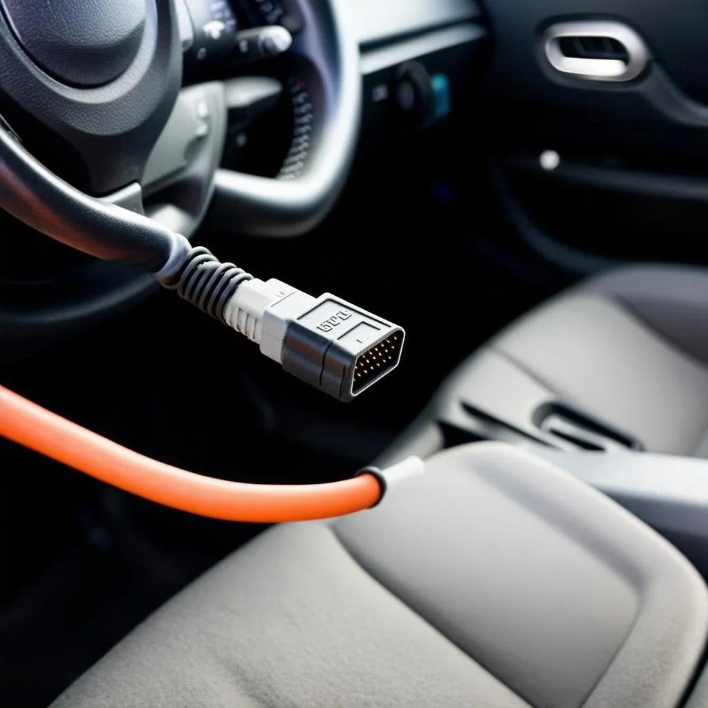 VCDS cable connected to a car's OBD-II port