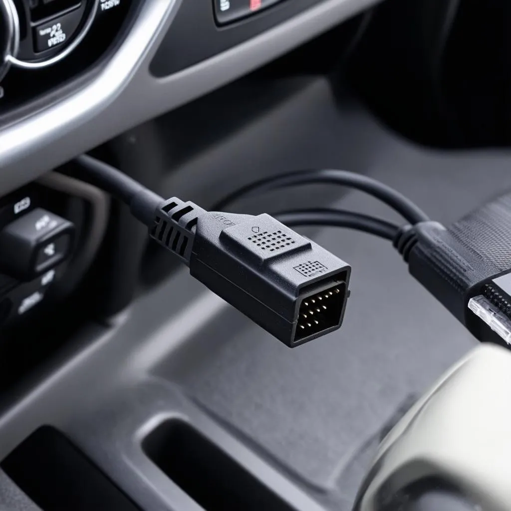 VCDS cable plugged in the OBD2 port of a car