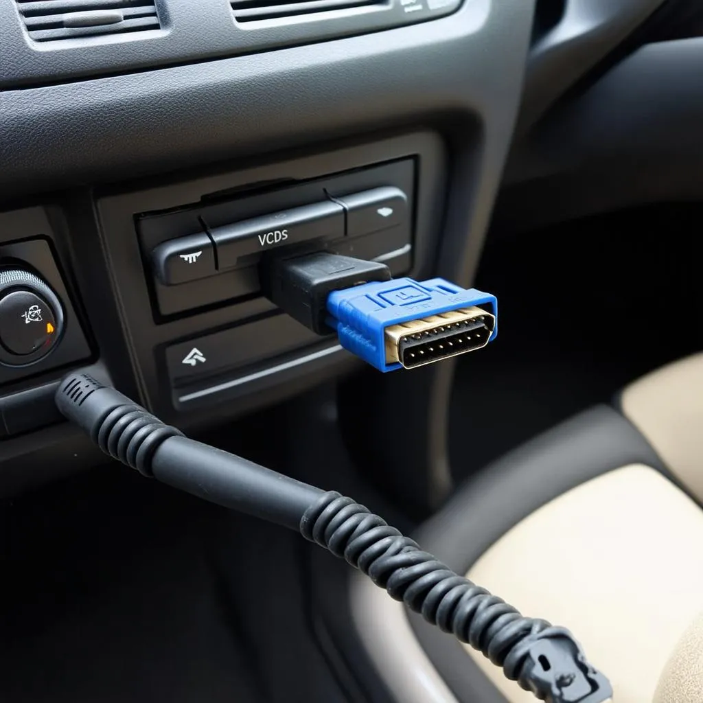 VCDS cable connected to a car's OBD-II port