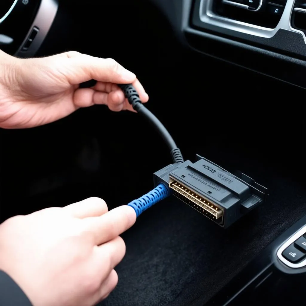 VCDS cable connected to car's OBD-II port