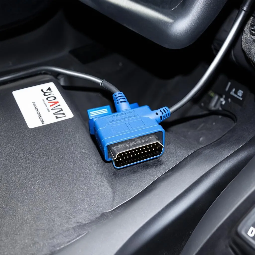 A VCDS interface plugged into a car's OBD-II port