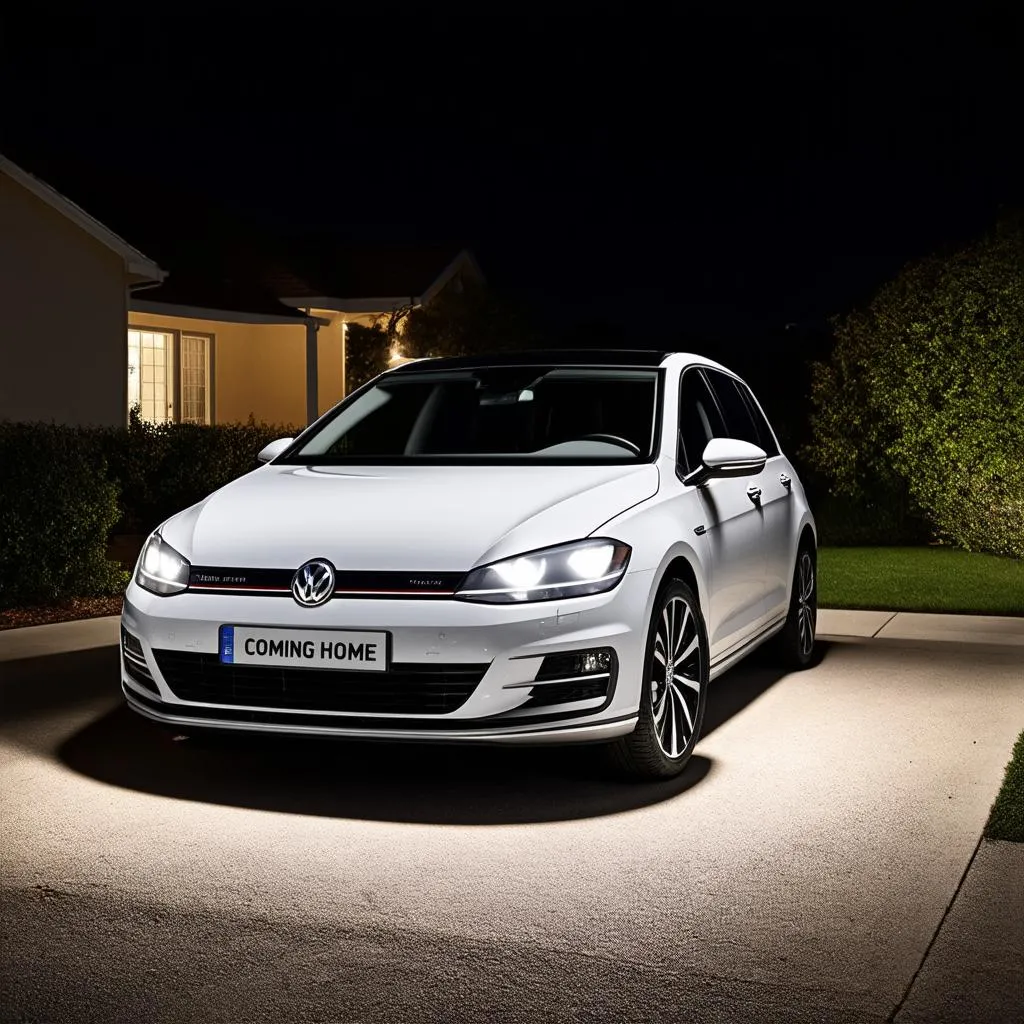 Golf 7 with headlights illuminating driveway at night