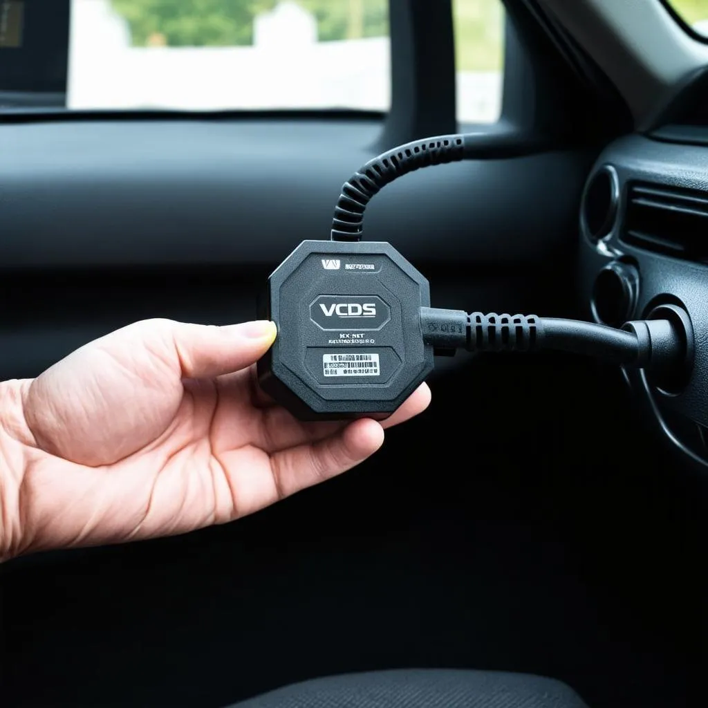 VCDS HEX-NET interface plugged into a car's OBD-II port