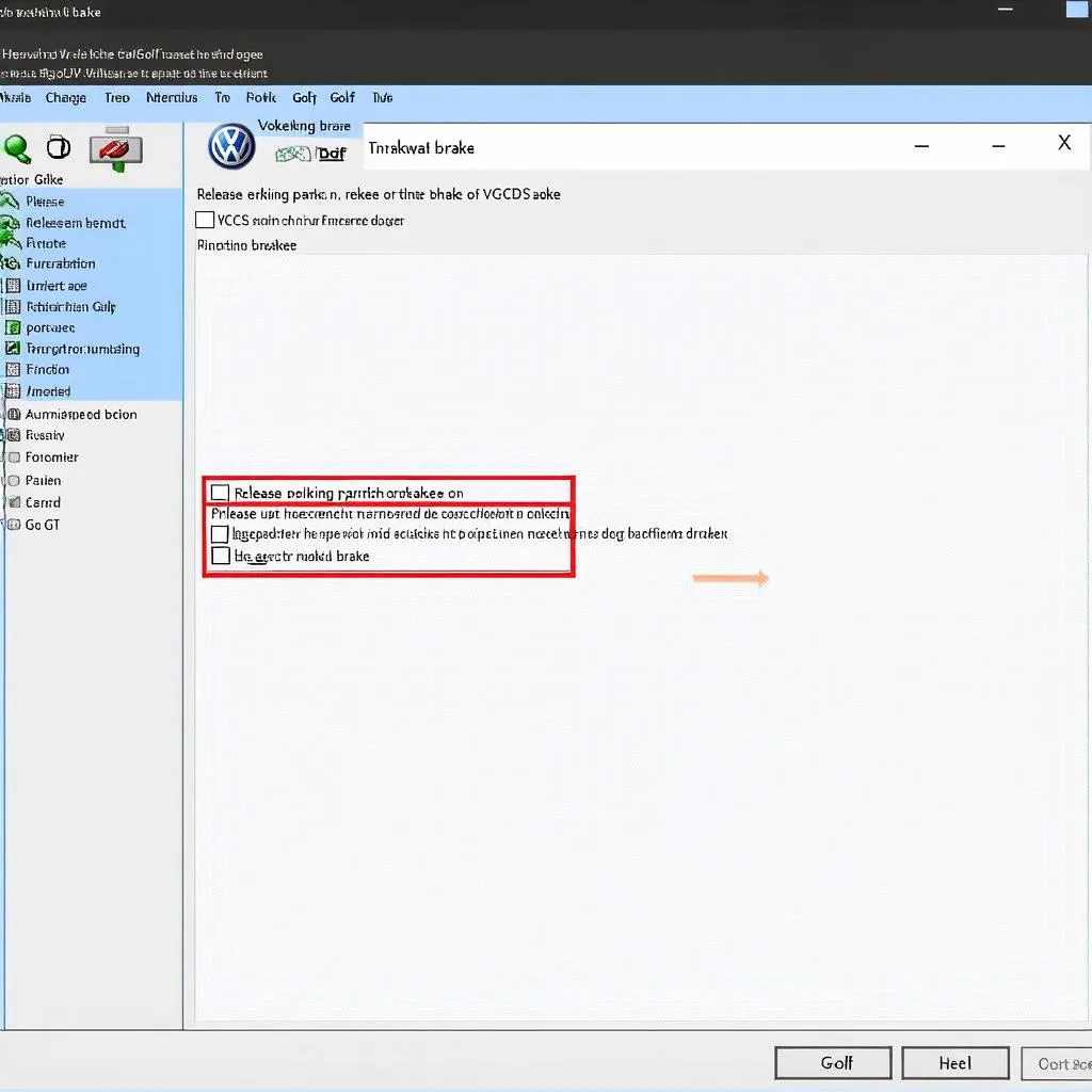 VCDS software being used to release a parking brake