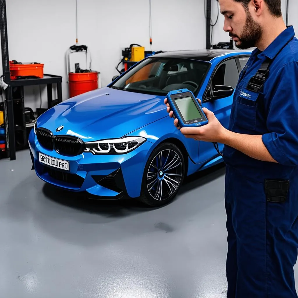 Mechanic using VVDI BIMTool Pro on a BMW