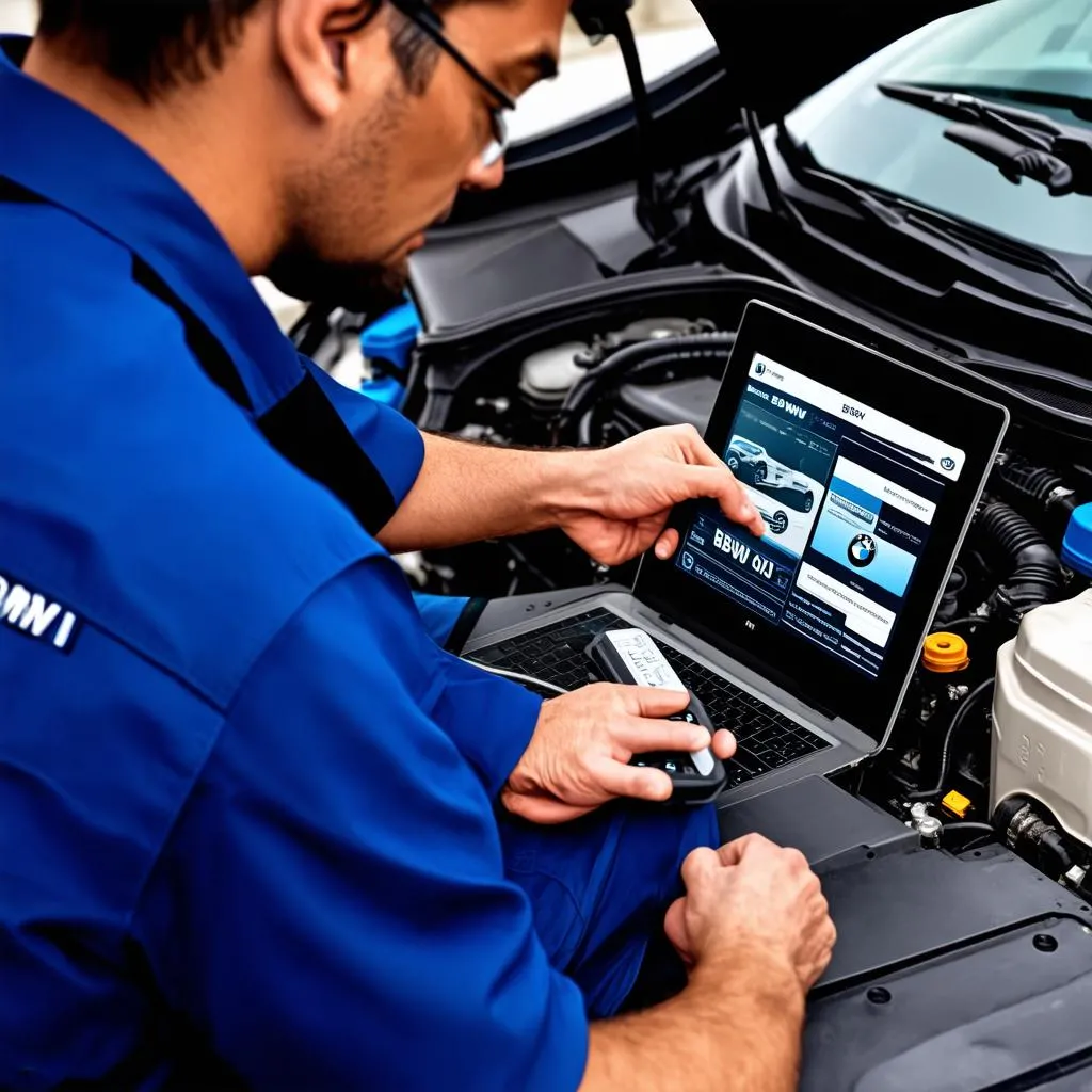 Mechanic Using VVDI BMW Tool