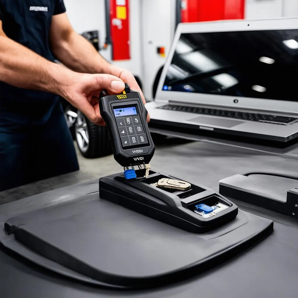 A mechanic using the VVDI Key Tool to program a car key