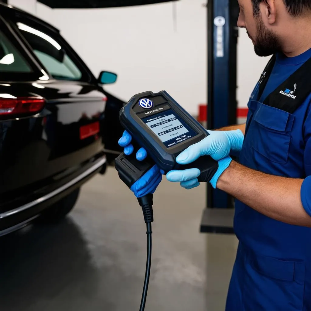 Mechanic using a professional scan tool on a Volkswagen