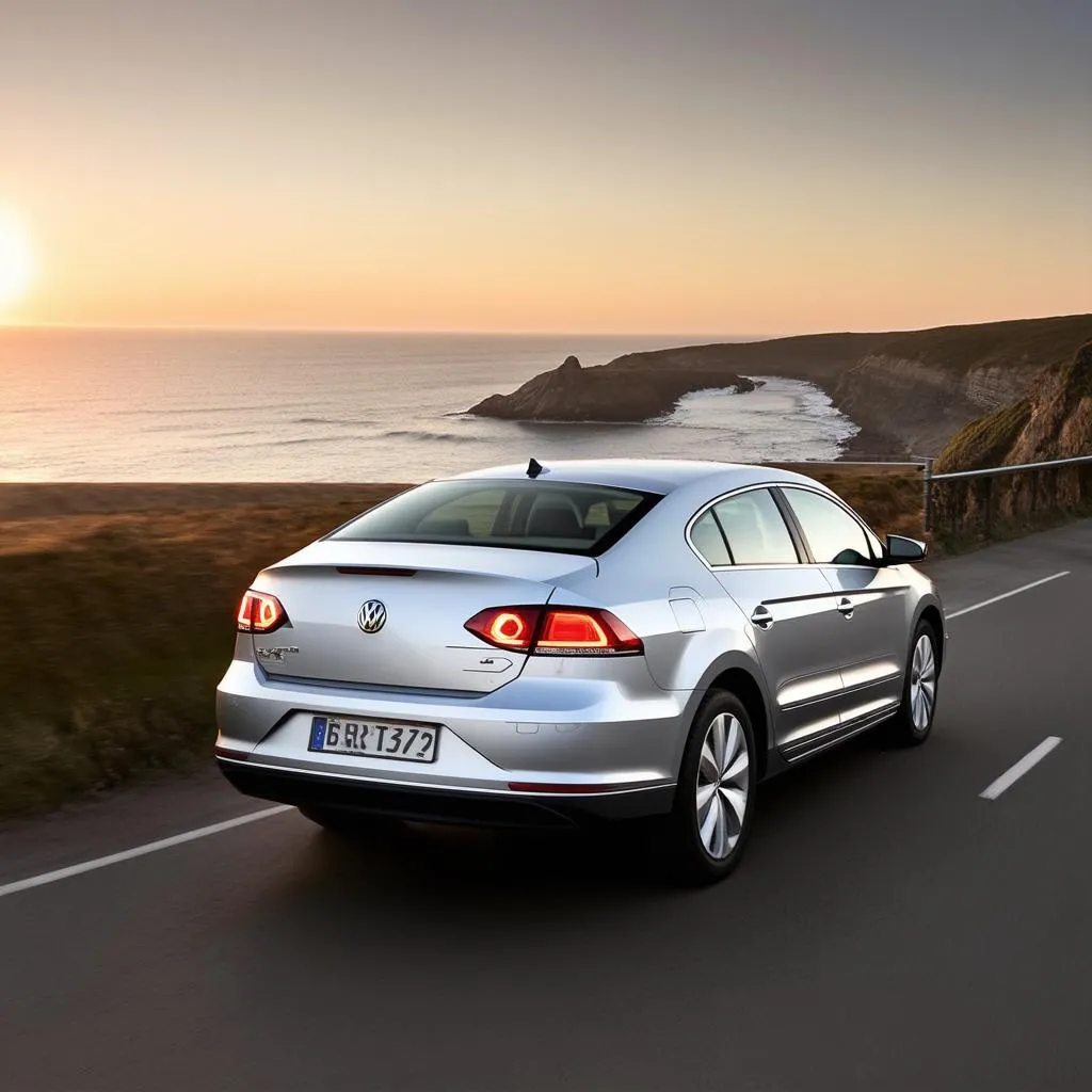 VW CC with Scandinavian DRLs driving on a scenic road