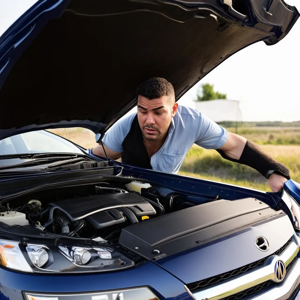 worried man checking his car engine