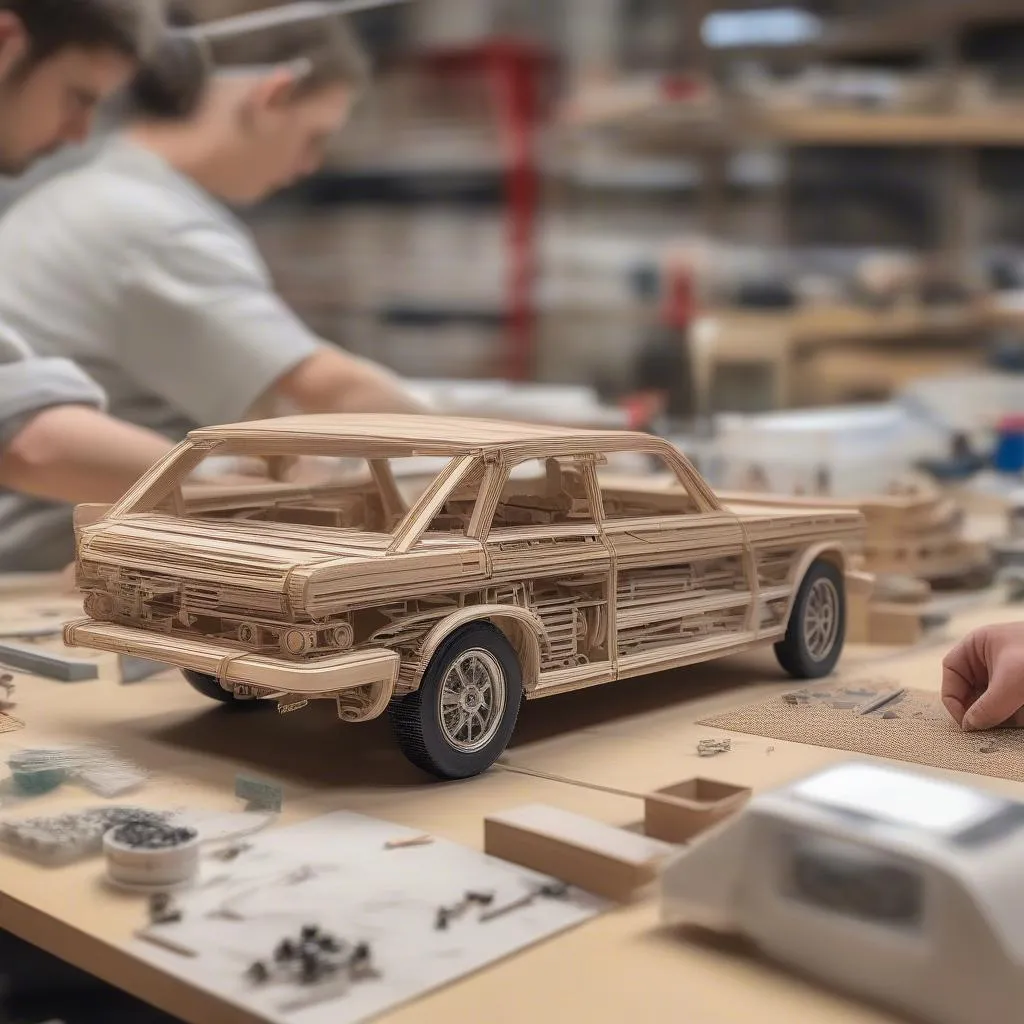 A modeler building a 1/12 scale model car kit, illustrating the assembly process