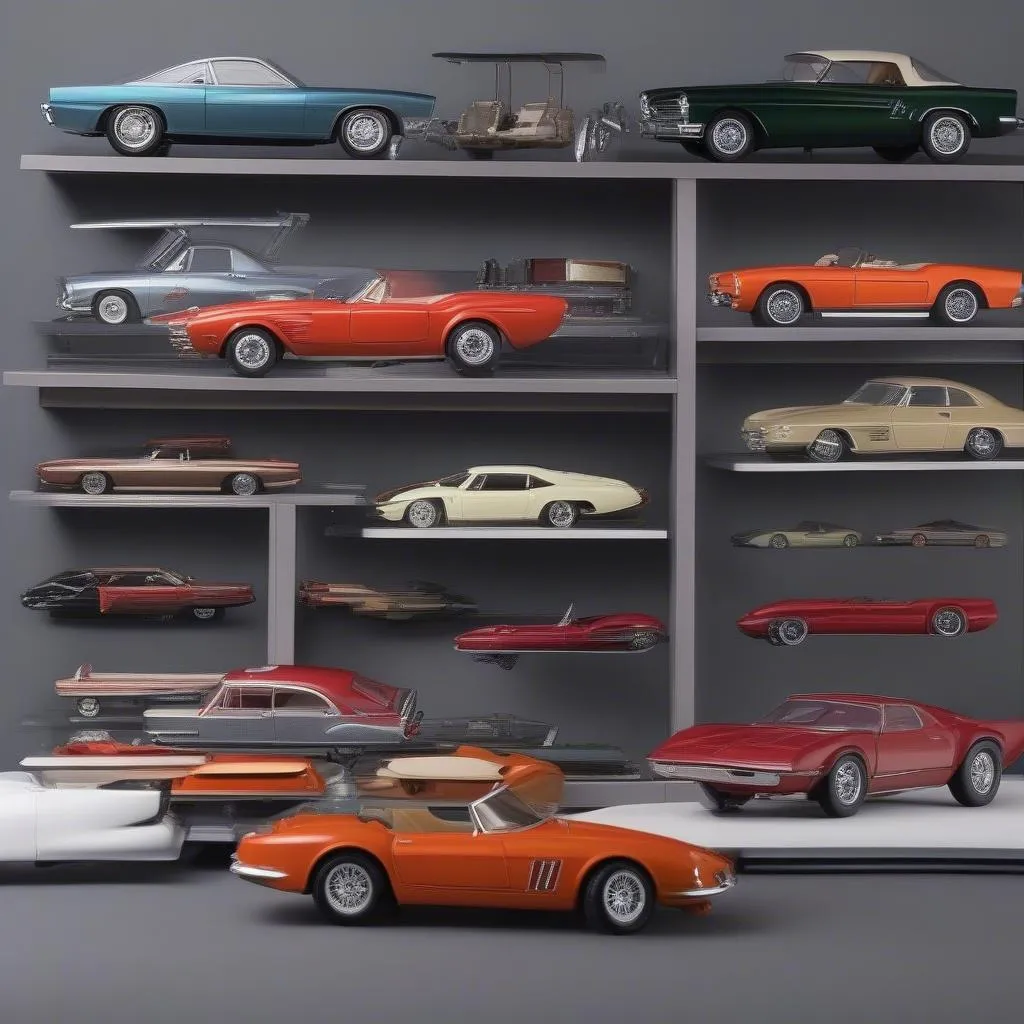 A collection of 1/18 scale car models displayed on shelves