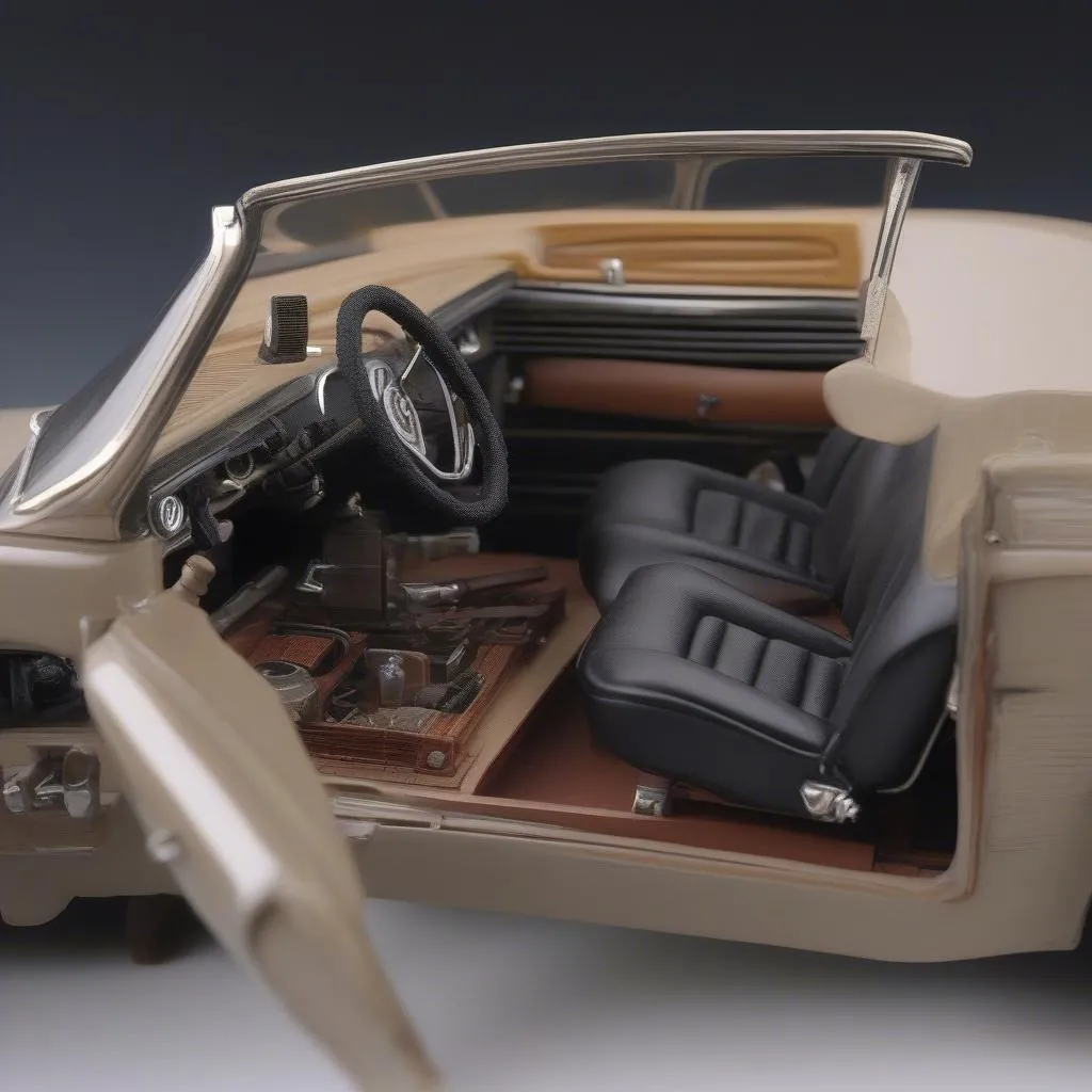 A close-up shot showcasing the intricate details of a 1/18 scale model car, including the engine compartment, interior, and working steering wheel