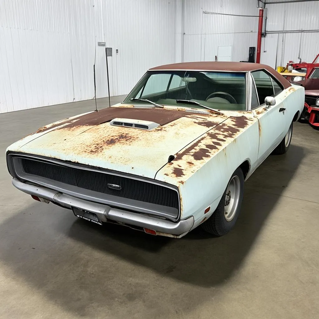 A classic 1968 Dodge Charger in need of restoration, sitting in a garage.