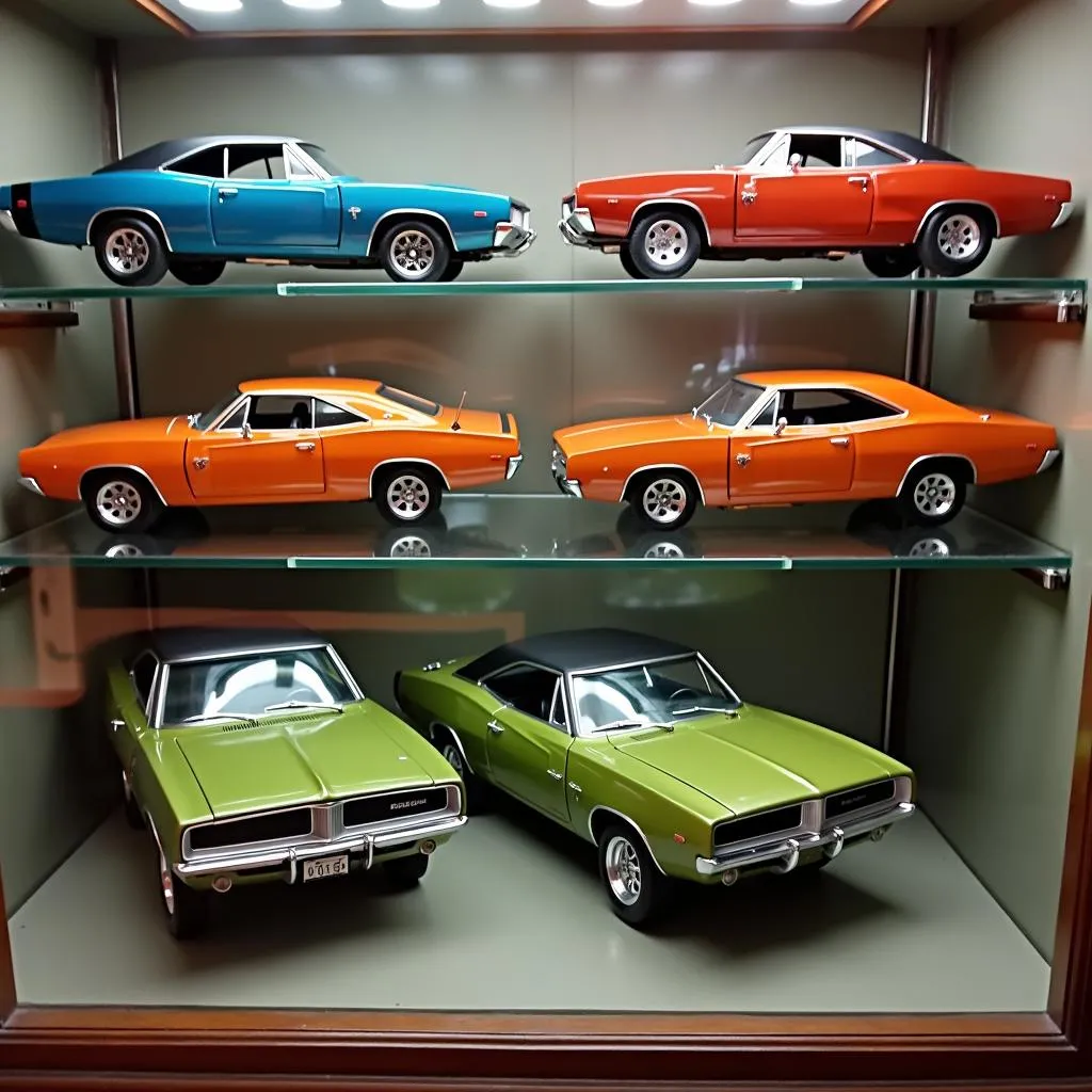 A collection of 1969 Dodge Charger model cars on display