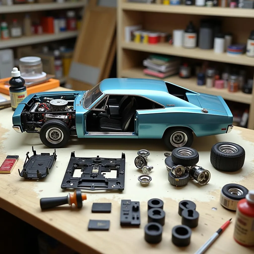 A model kit of a 1969 Dodge Charger spread out on a workbench