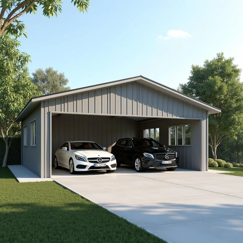 Modern 2 Car Metal Garage with Lean-to Design