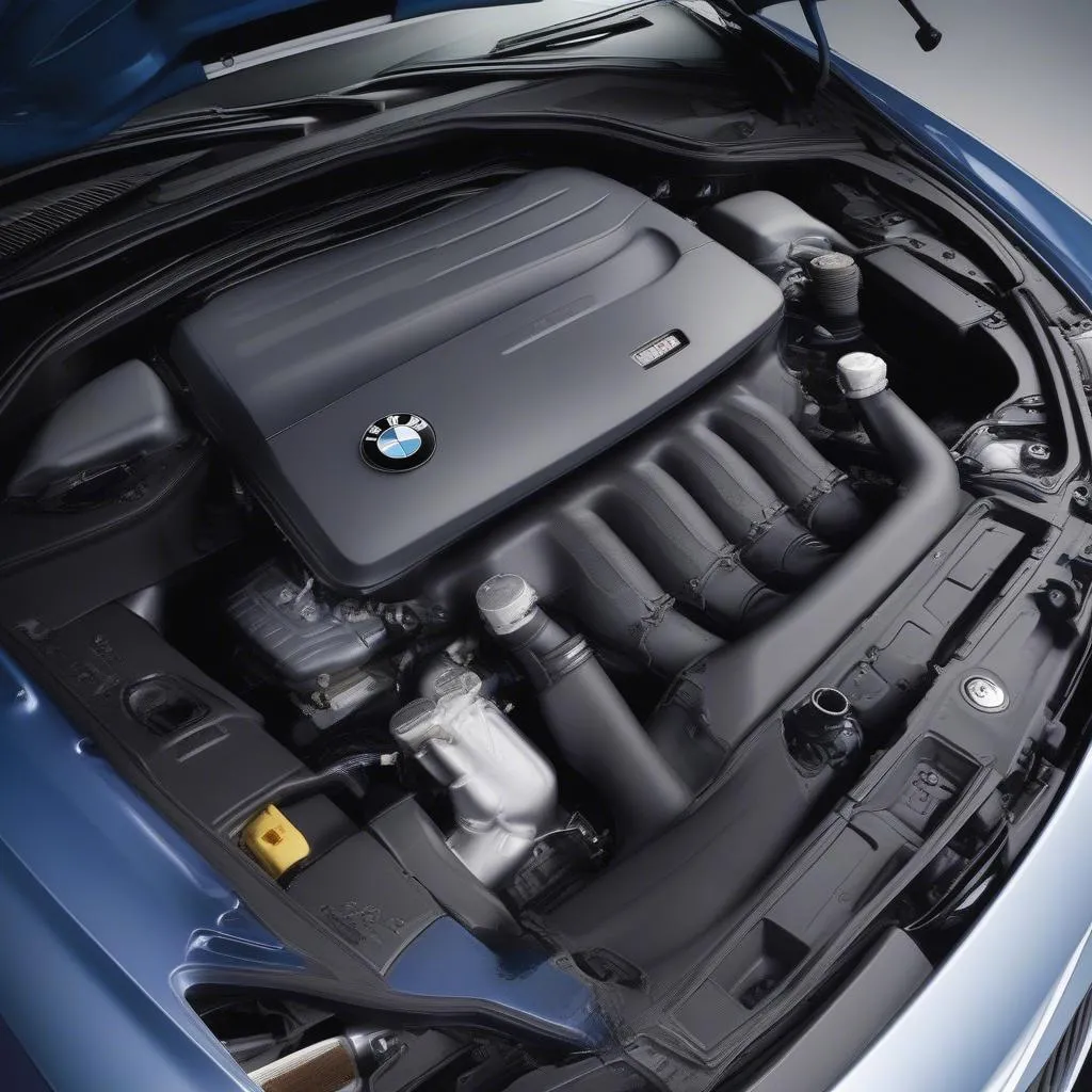 A close-up shot of the engine bay of a 2007 BMW 5 Series, showcasing the powerful inline-six engine.