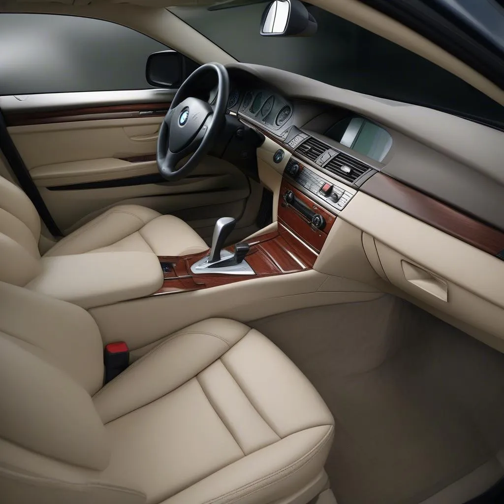 The luxurious interior of a 2007 BMW 5 Series, featuring premium leather seats, wood trim, and advanced technology features.