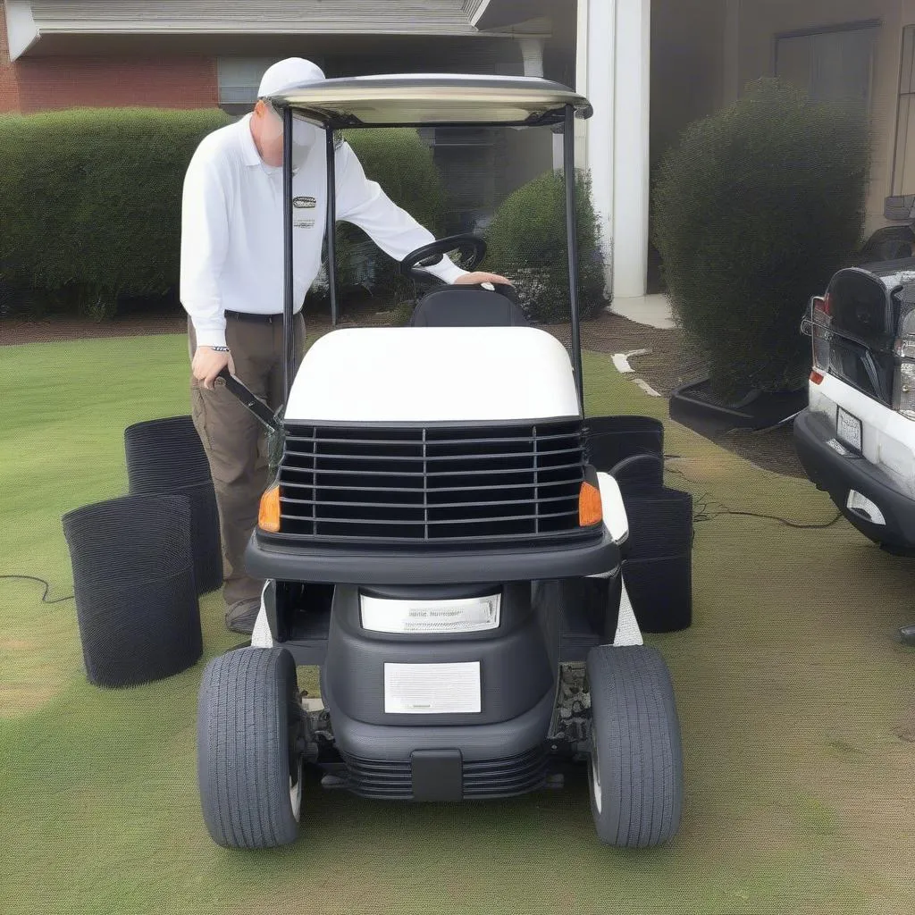 A close-up image of a 2007 Club Car Precedent being inspected by a mechanic