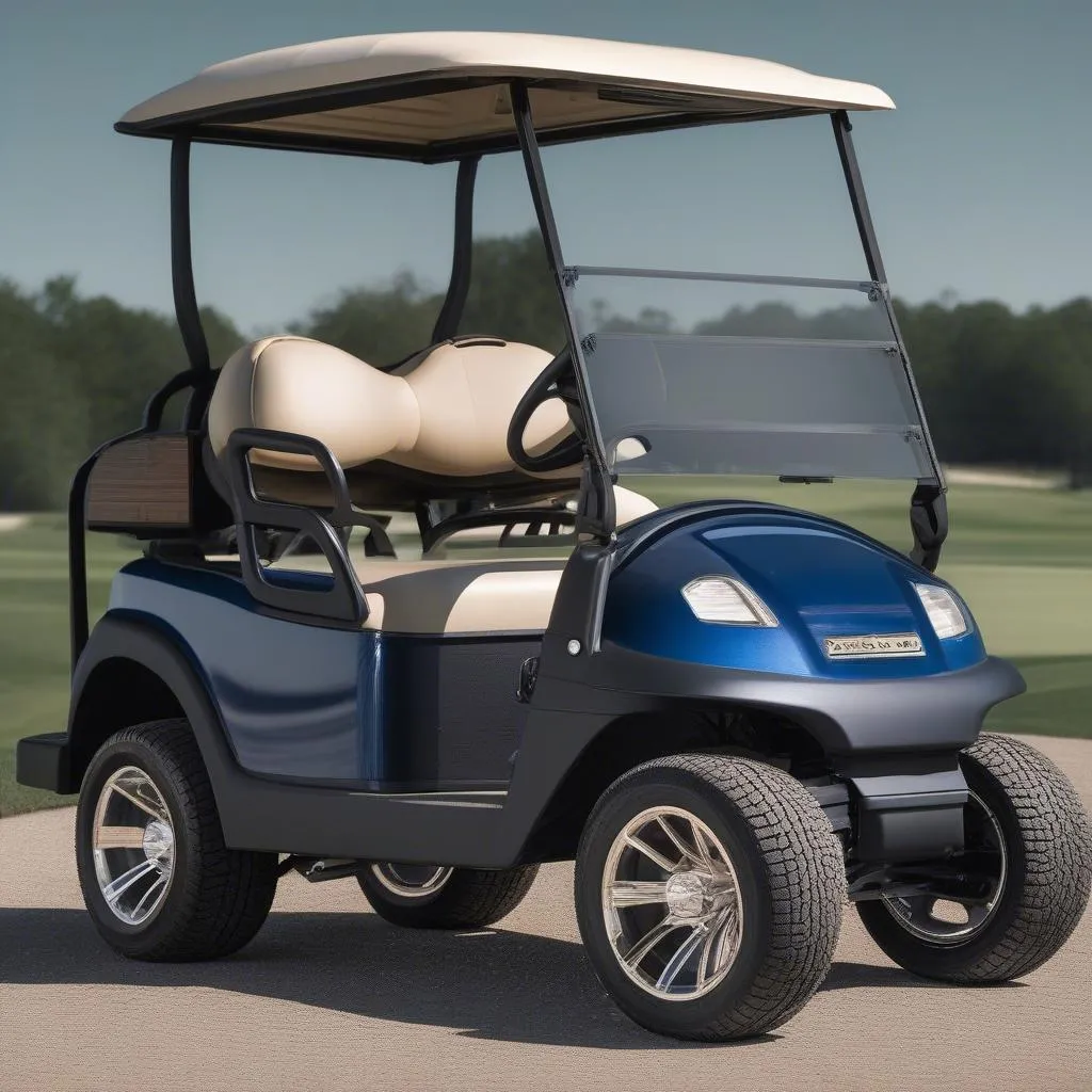 A selection of Club Car Precedent parts, including batteries, tires, and accessories