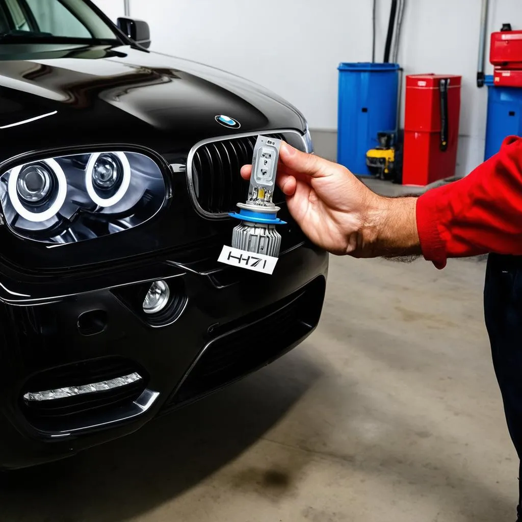 Close-up of a mechanic's hand replacing a headlight bulb in a 2009 BMW X5