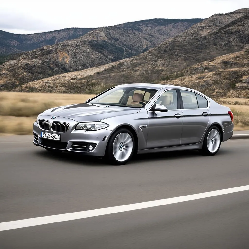 A silver 2011 BMW 550i speeding down a scenic highway.