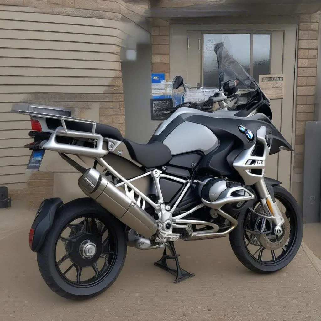 A mechanic inspecting a 2016 BMW R1200GS motorcycle, checking for wear and tear and ensuring proper maintenance.