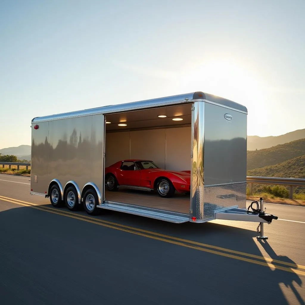 Enclosed trailer driving on a highway