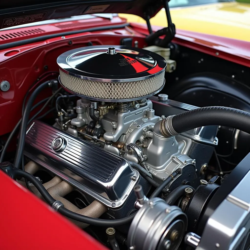 Close-up of a vintage car engine at the 3 Rivers Car Show