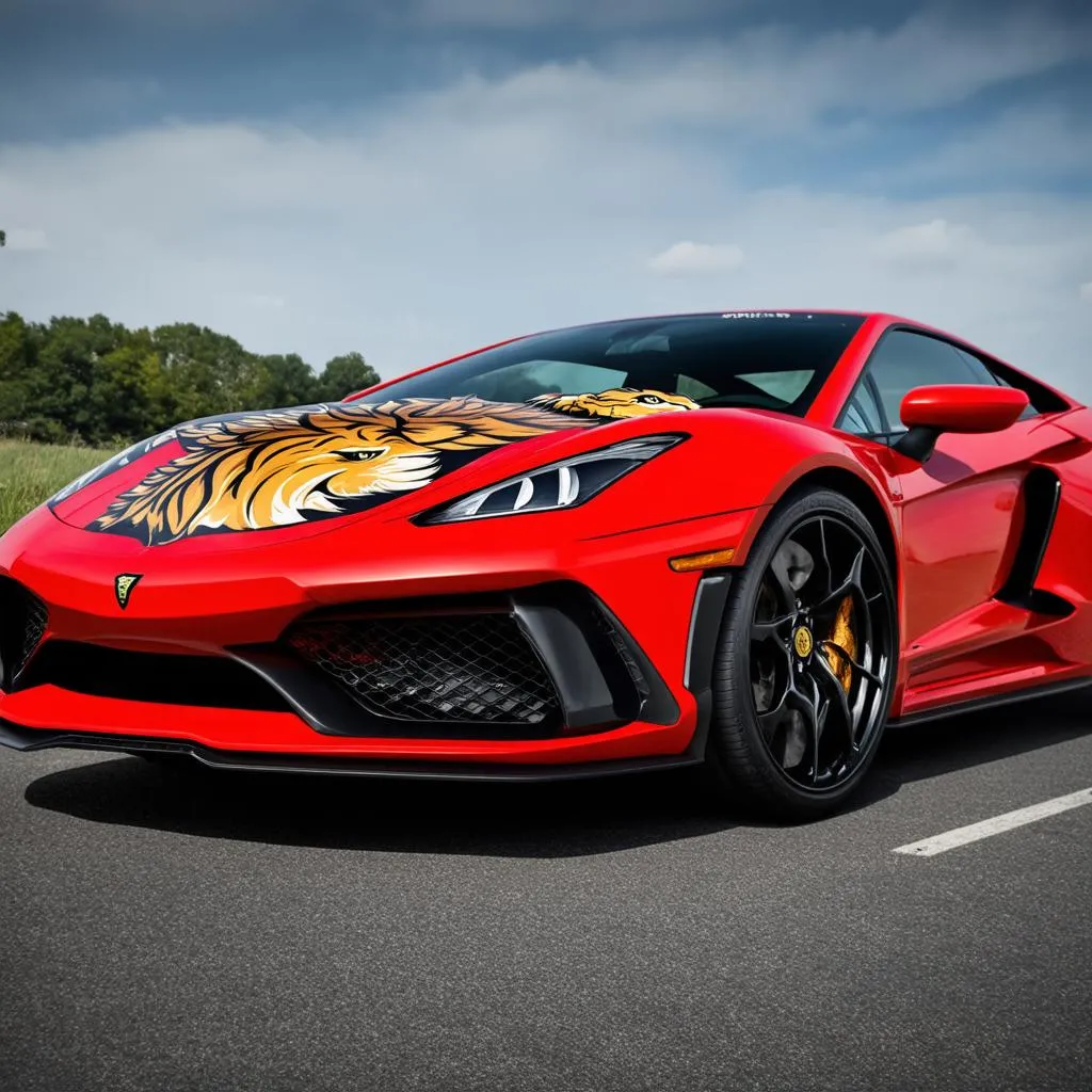 A sleek sports car showcasing a vibrant 3D car decal of a roaring lion on its hood.