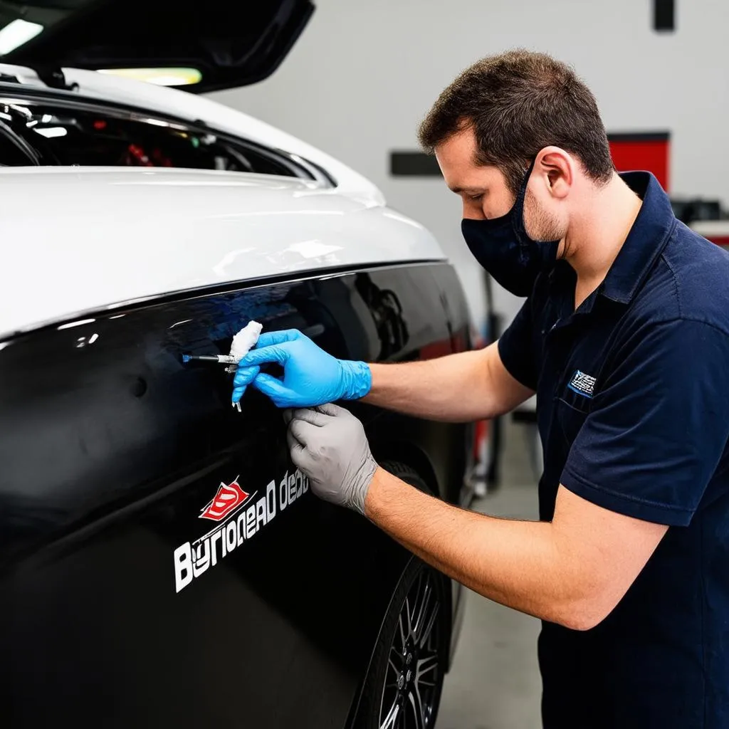 A car mechanic expertly applying a 3D car decal onto the side of a car.