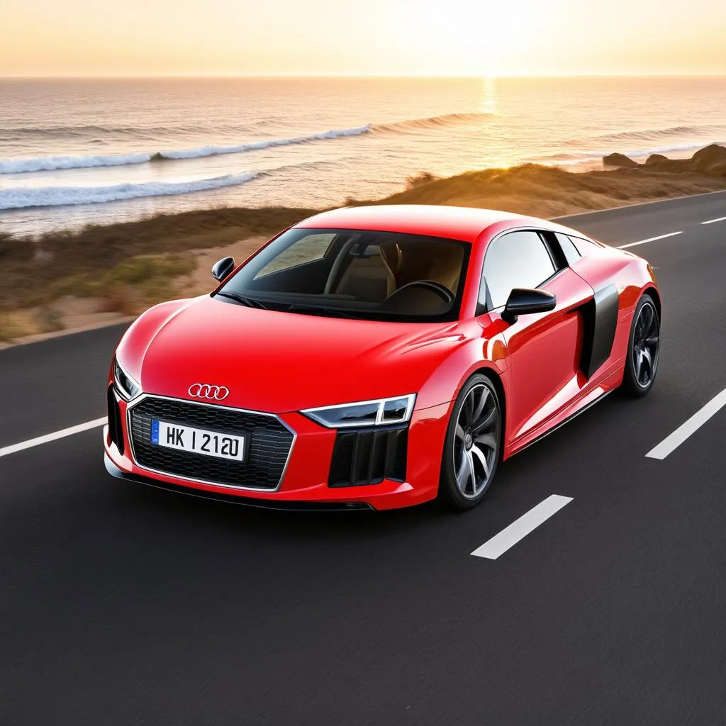 Audi R8 driving fast on a coastal highway