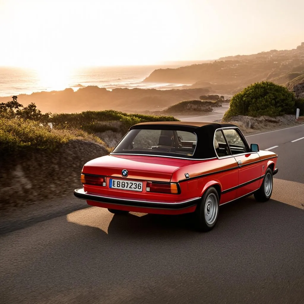 Classic BMW driving down a scenic road