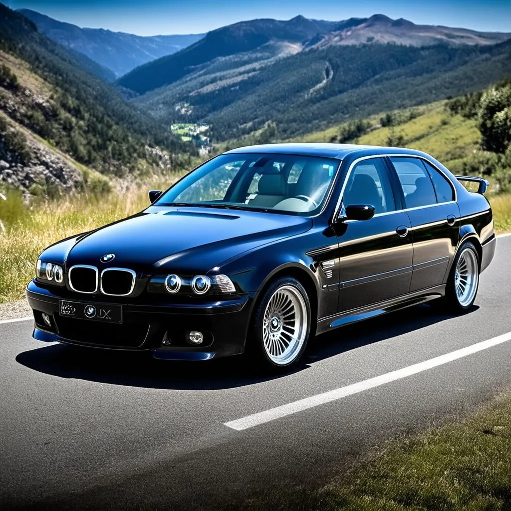 Black BMW M5 E39 side view on a scenic road