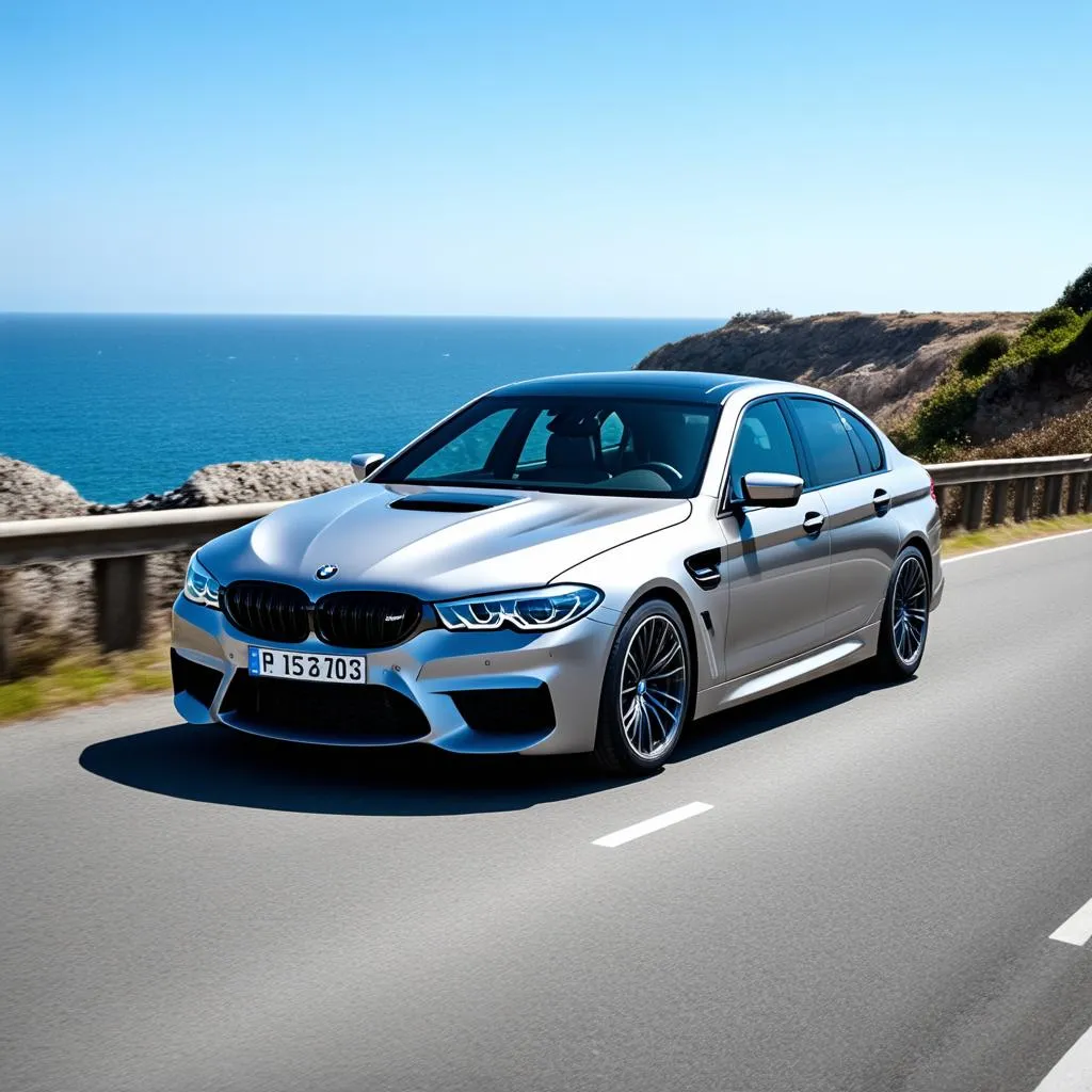 BMW M5 driving on a scenic road